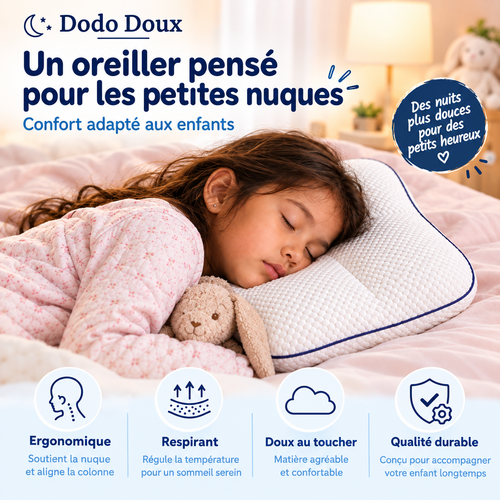Oreiller Dodo Doux installé sur le lit d'un enfant